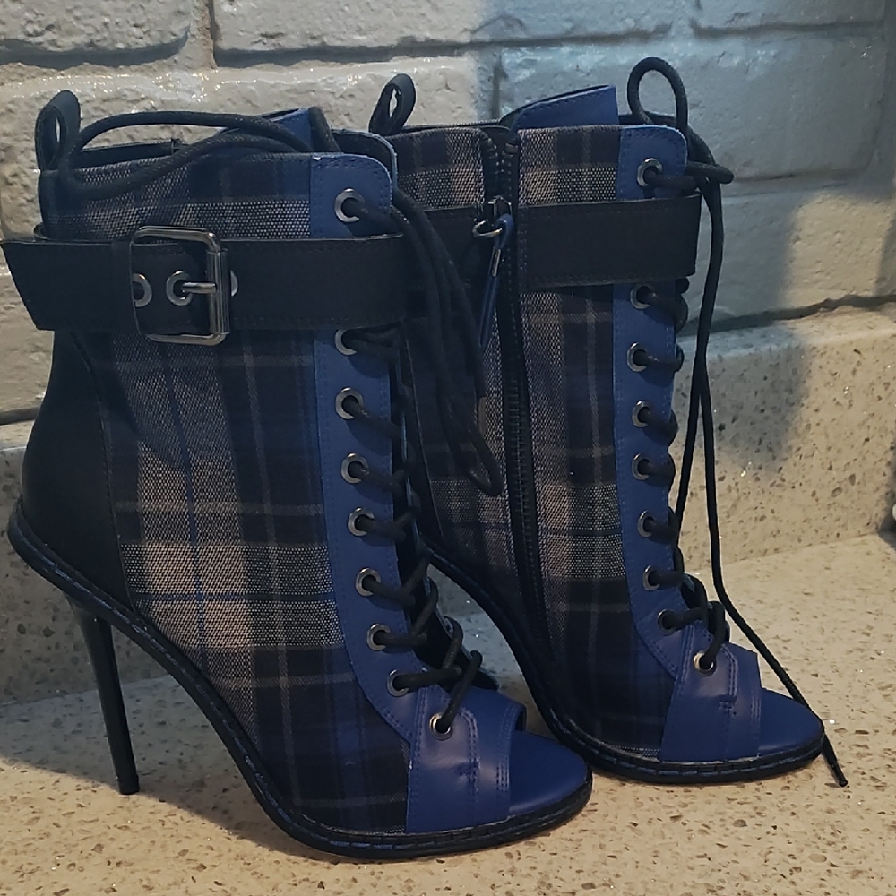 GX by Gwen Stefani Blue and Black Plaid Heels